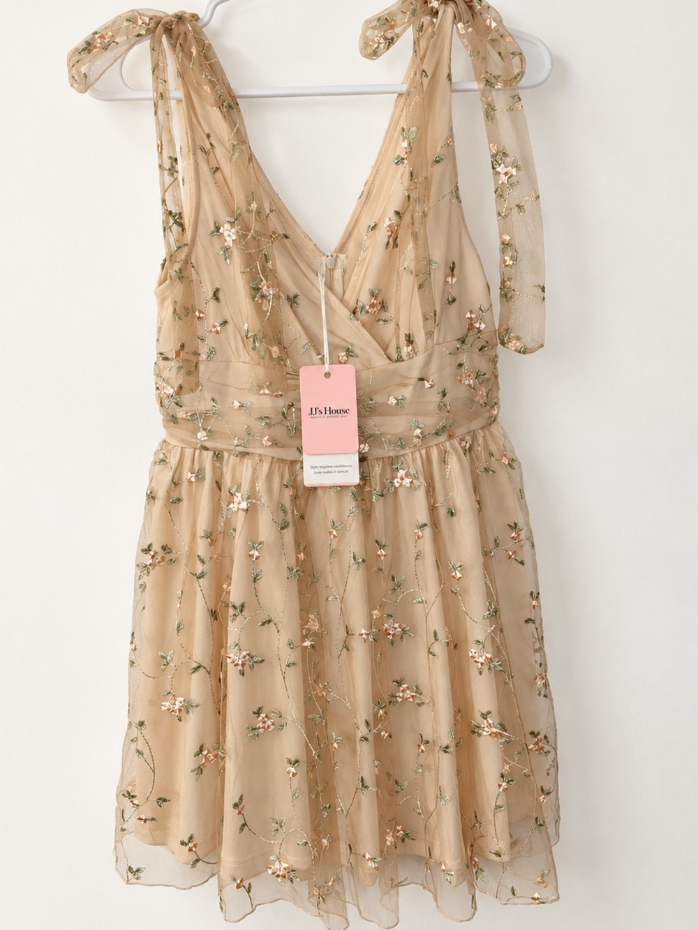 JJ’s House Nude Floral Embroidered Tie-Shoulder Mini Dress